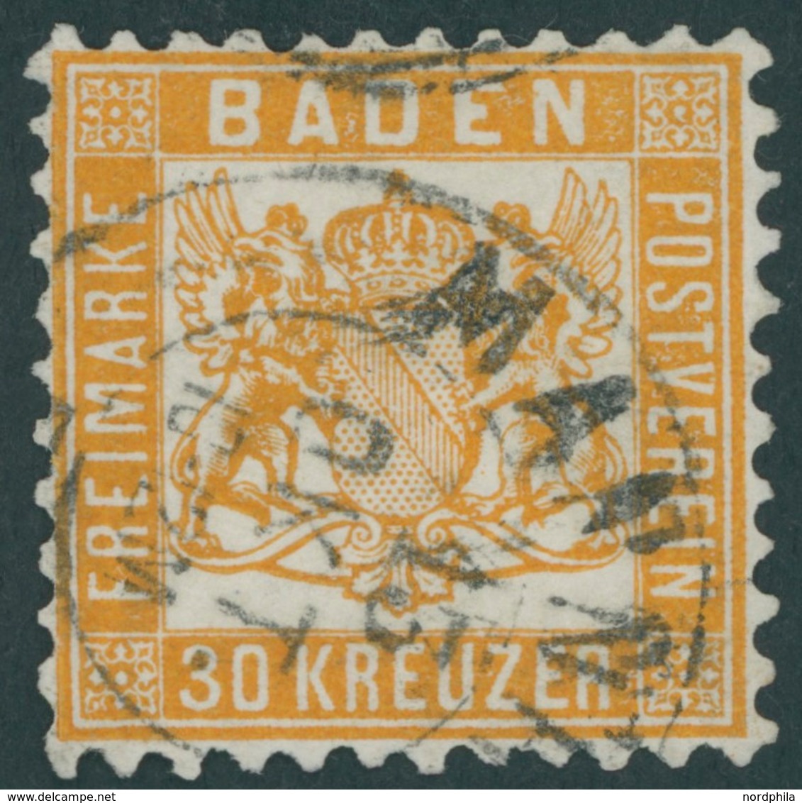 BADEN 22a O, 1862, 30 Kr. Lebhaftgelborange, Repariert Wie Pracht, Gepr. Brettl, Mi. (3200.-) - Sonstige & Ohne Zuordnung