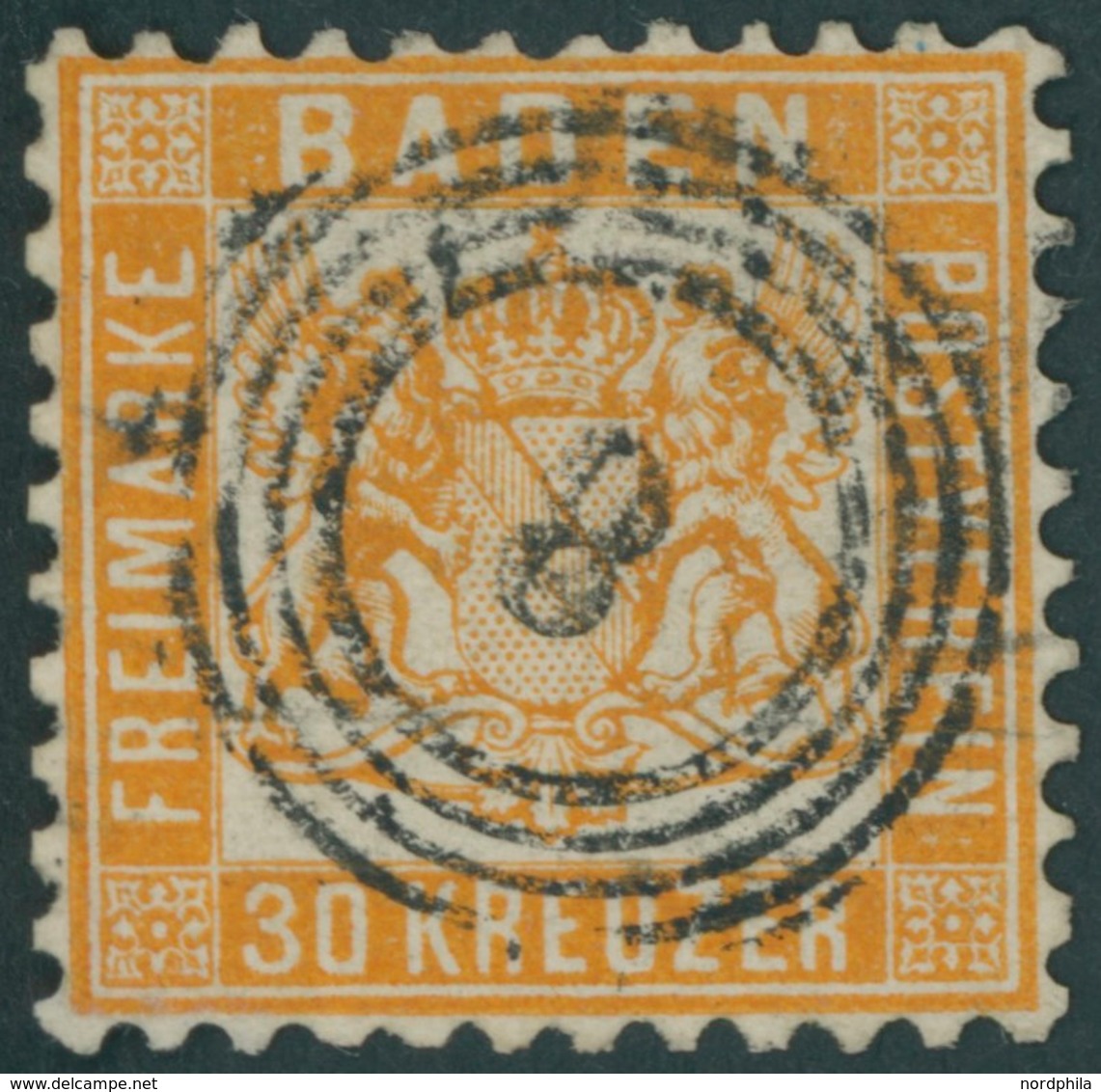 BADEN 22b O, 1862, 30 Kr. Dunkelgelblichorange, Zentrischer Nummernstempel 8, Kleine Korrektur, Wie Pracht, Gepr. Seeger - Sonstige & Ohne Zuordnung