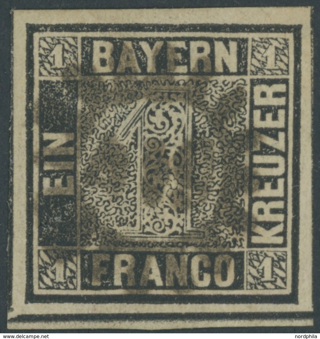 BAYERN 1Ia O, 1849, 1 Kr. Schwarzgrau, Platte 1, Zentrischer MR-Stempel, Allseits Breitrandig Mit Unterrand, Kabinett, G - Sonstige & Ohne Zuordnung