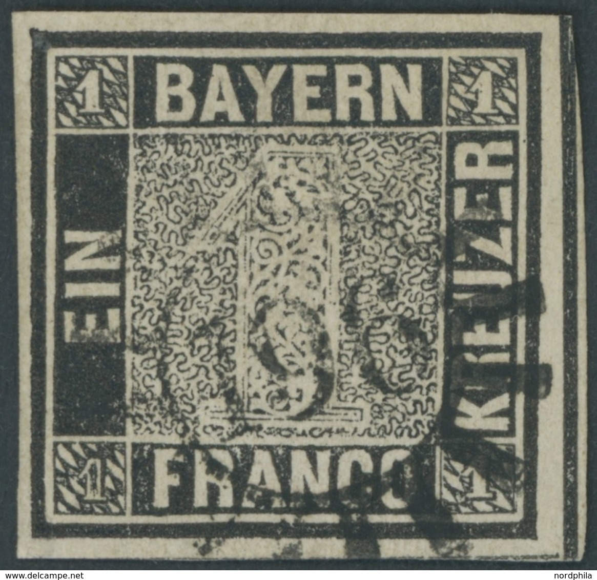 BAYERN 1Ib O, 1849, 1 Kr. Tiefschwarz, Platte 1, MR-Stempel 196, Allseits Voll-breitrandig, Rechts Mit Schnittlinie, Unt - Other & Unclassified