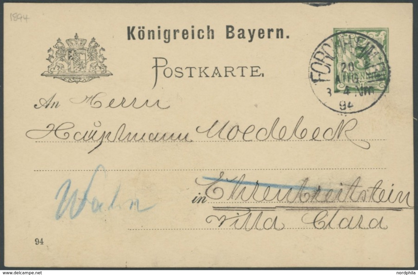 BAYERN P 34 BRIEF, 1894, 5 Pf. Ganzsachenkarte Aus FORCHHEIM An Den Luftfahrtpionier Hauptmann Moedebeck, Pracht - Other & Unclassified