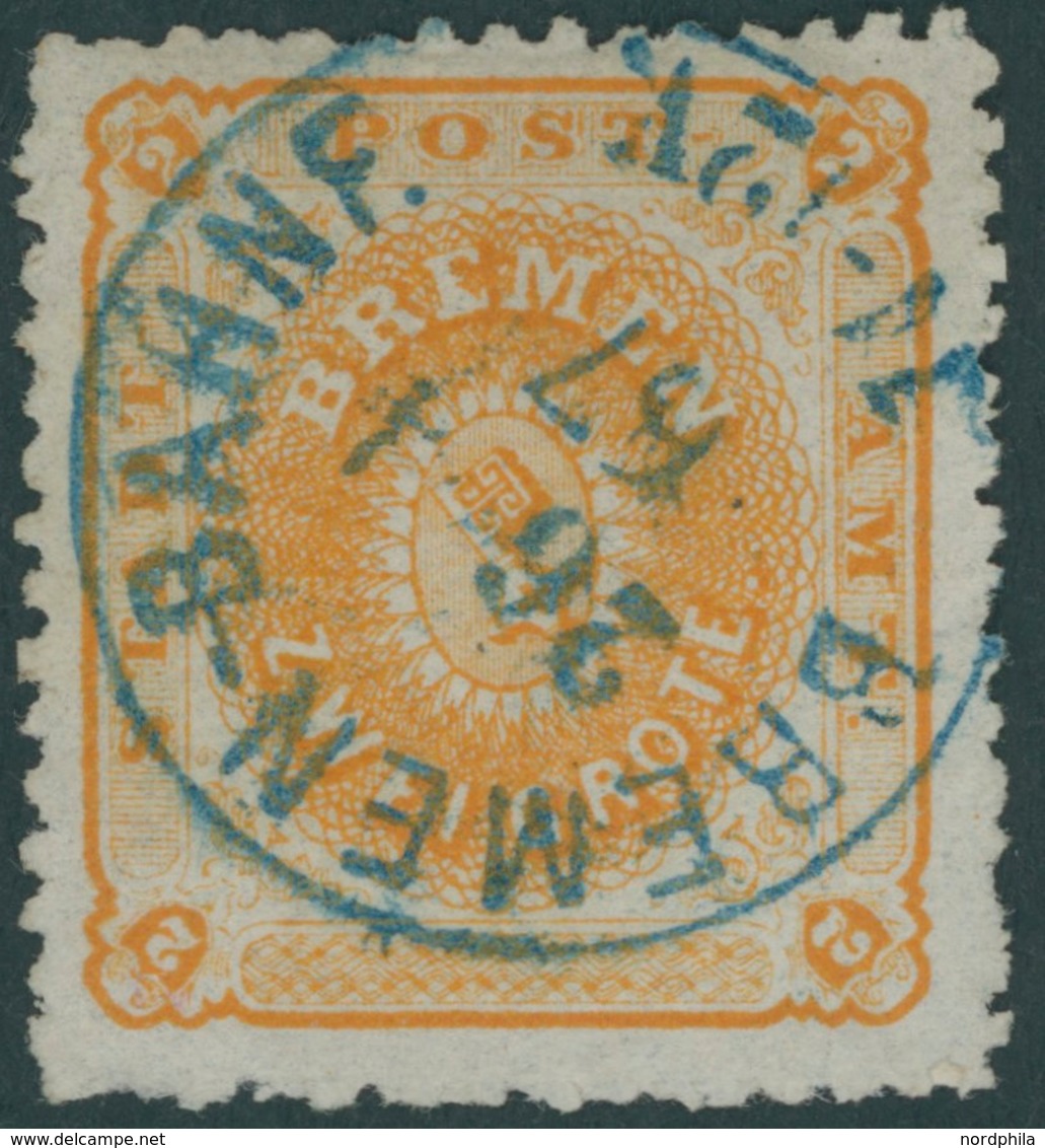 BREMEN 10a O, 1866, 2 Gr. Dunkelgelblichorange, Blauer K1 BREMEN-BAHNF., Pracht, Signiert Thier Und A. Diena, Mi. (450.- - Bremen