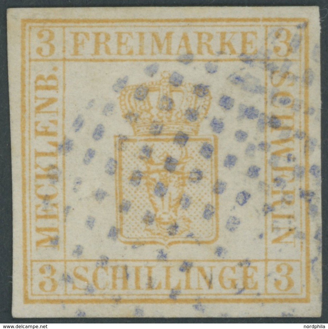 MECKLENBURG SCHWERIN 2a O, 1861, 3 S. Dunkelchromgelb Mit Blauem Punktstempel Von ROSTOCK, Signiert Und Fotobefund Alcur - Mecklenburg-Schwerin