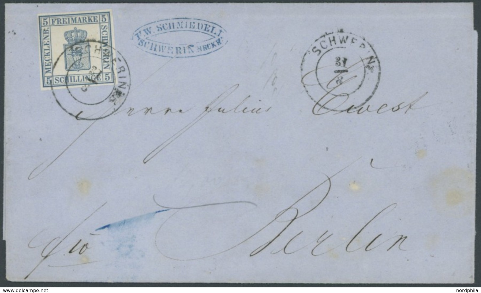 MECKLENBURG SCHWERIN 3 BRIEF, 1858, 5 S. Blau Auf Prachtbrief Von SCHWERIN Nach Berlin - Mecklenburg-Schwerin