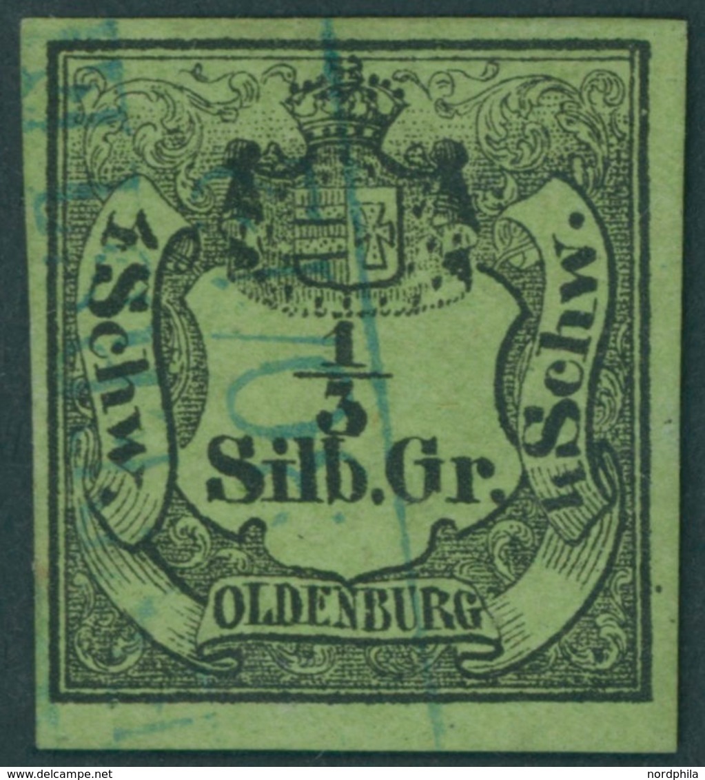 OLDENBURG 1 O, 1855, 1/3 Sgr. Schwarz Auf Grünoliv, Blauer R2 WESTERSTEDE, Pracht, Gepr. Brettl, Mi. 1300.- - Oldenburg