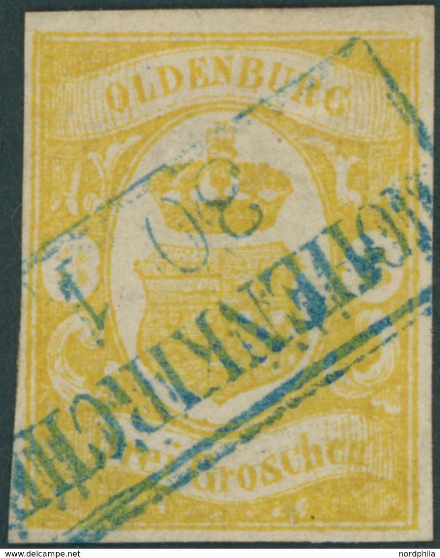OLDENBURG 14 O, 1861, 3 Gr. Graugelb, Blauer R2 HOHENKIRCHEN, Pracht, Fotoattest Berger, Mi. (550.-) - Oldenburg