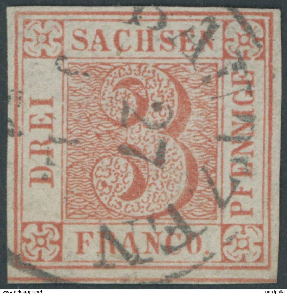SACHSEN 1a O, 1850, 3 Pf. Rot, Platte VI, Feld 13, K1 BAUTZEN, Kleine Rückseitige Mängel Behoben Sonst Farbfrisches Prac - Saxony