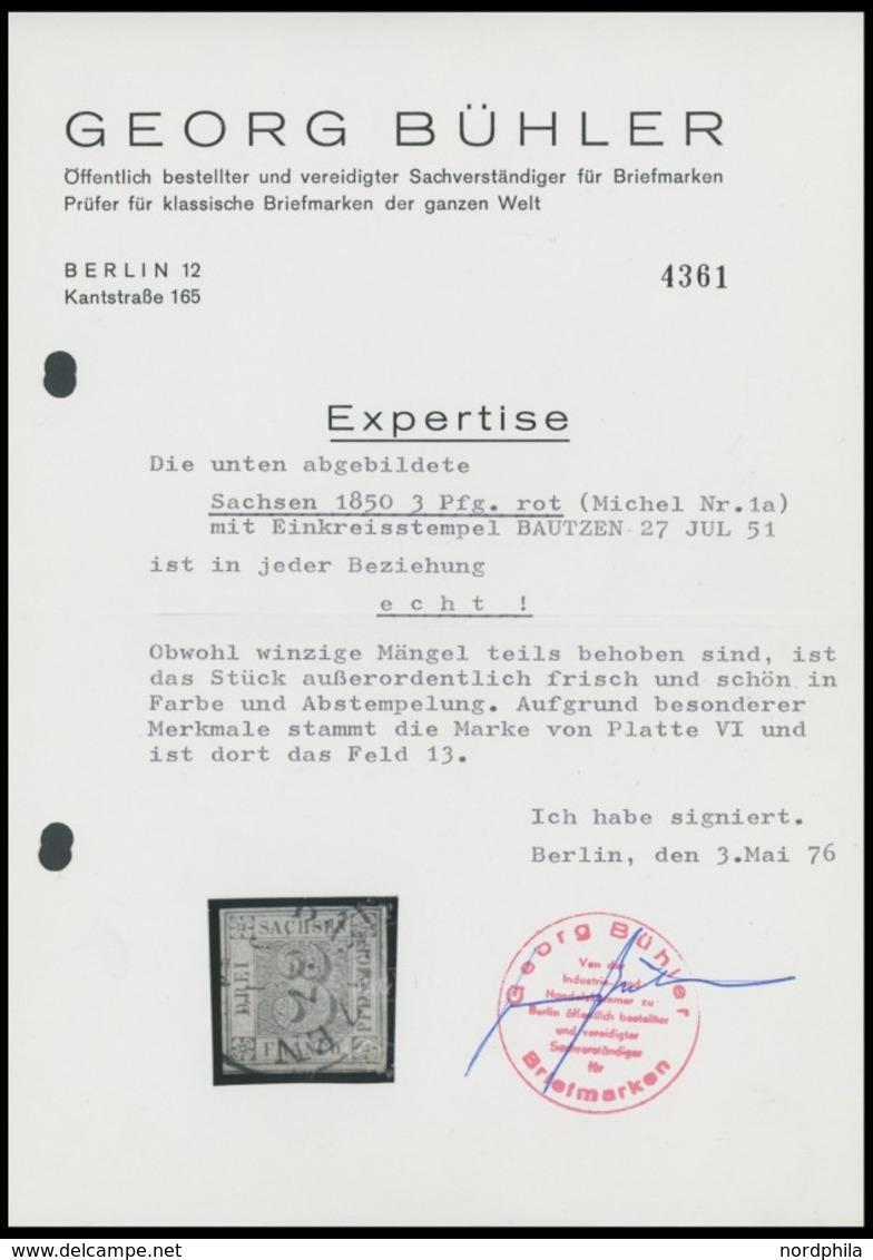 SACHSEN 1a O, 1850, 3 Pf. Rot, Platte VI, Feld 13, K1 BAUTZEN, Kleine Rückseitige Mängel Behoben Sonst Farbfrisches Prac - Saxony