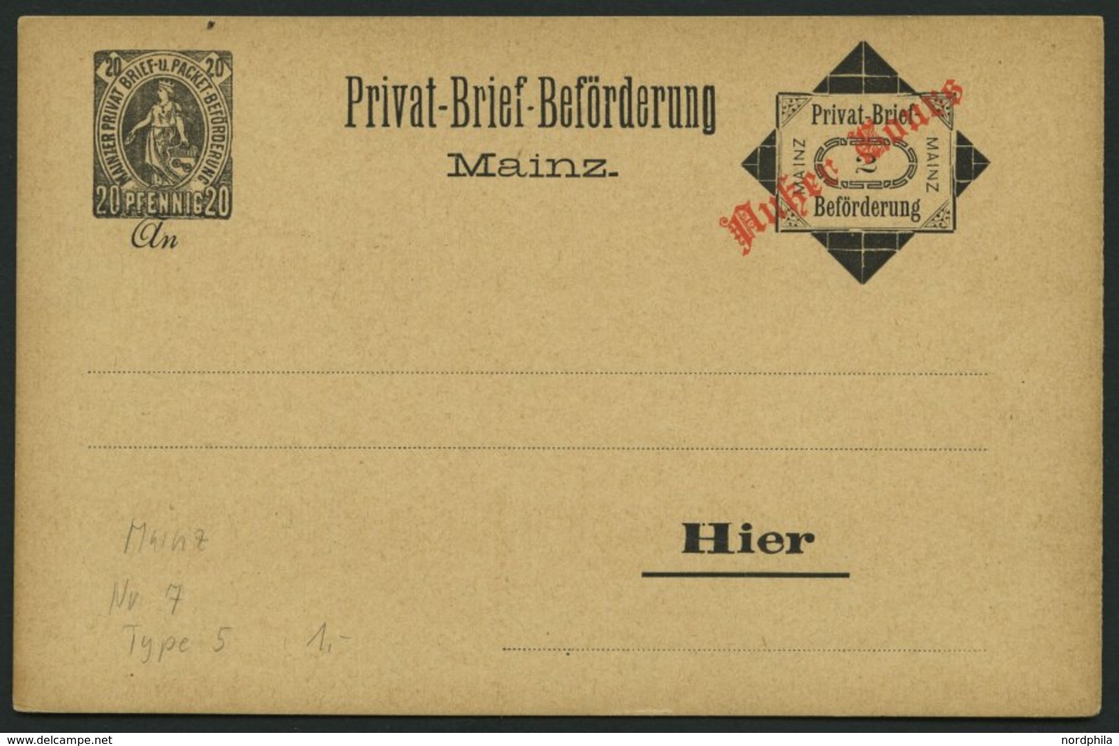 MAINZ C P BRIEF, 1887, 20 Pf. + 2 Pf. Schwarz Ganzsachenkarte Mit Aufdruck Außer Cours, Ungebraucht, Rückseitig Beschrie - Private & Local Mails