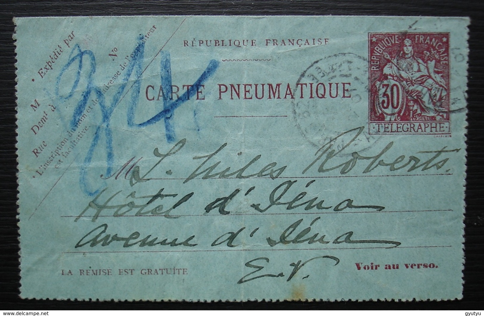 1907 Carte Pneumatique De Paris 62 Pour L'Hôtel D' Iéna, Avenue D'Iéna - 1877-1920: Période Semi Moderne