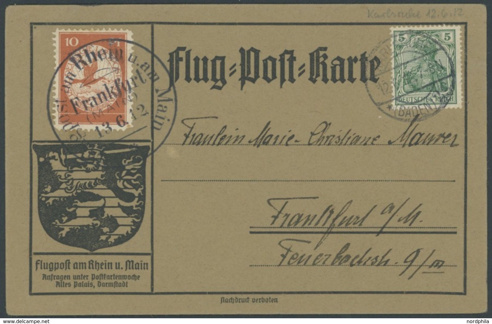 ZEPPELINPOST 10 BRIEF, 1912, 10 Pf. Flp. Am Rhein Und Main Auf Flugpostkarte Mit 5 Pf. Zusatzfrankatur (nur Tagesstempel - Airmail & Zeppelin