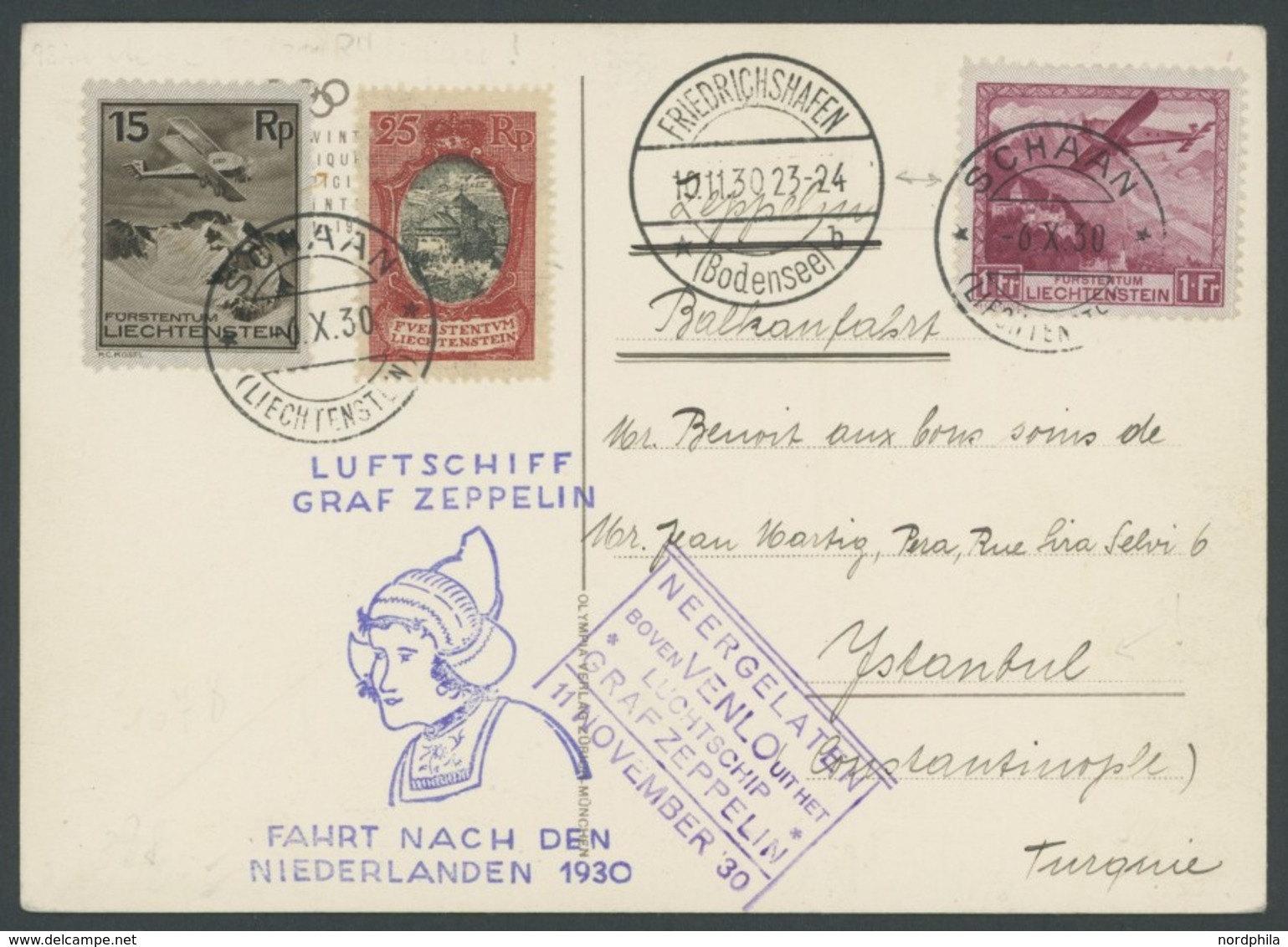 ZULEITUNGSPOST 98 BRIEF, Liechtenstein: 1930, Fahrt In Die Niederlande, Künstlerkarte Winterolympiade Nach Istanbul, Pra - Zeppelins