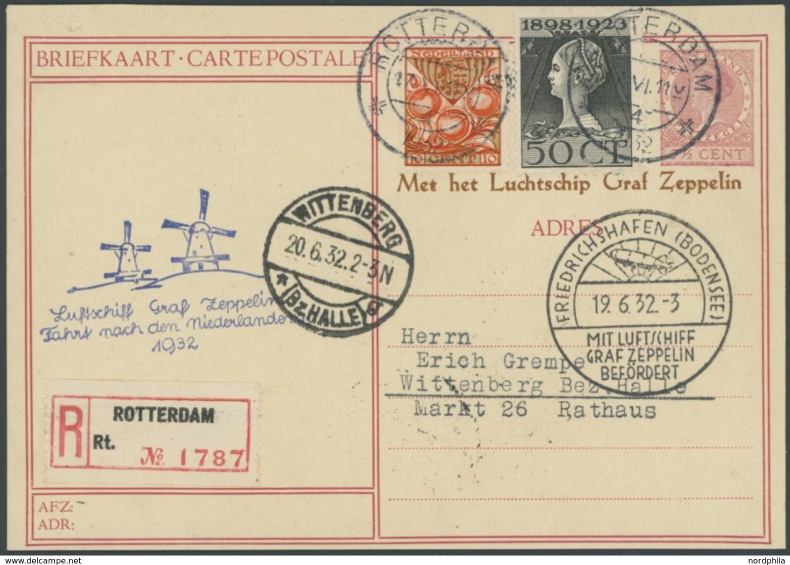 ZULEITUNGSPOST 165B BRIEF, Niederlande: 1932, Fahrt In Die Niederlande, Auflieferung Rotterdam, Einschreibkarte, Pracht, - Zeppelins