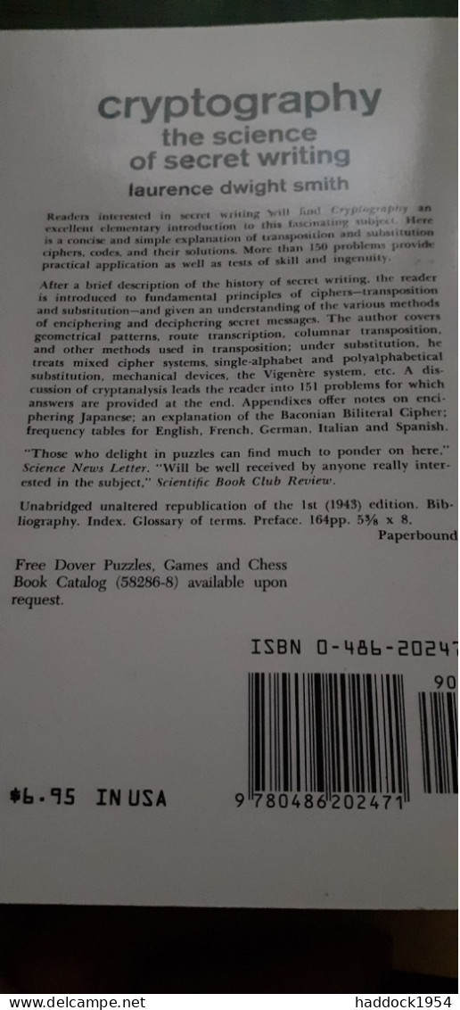 Cryptography The Science Of Secret Writing LAURENCE DWIGHT SMITH Dover Publications 1971 - Brits Leger