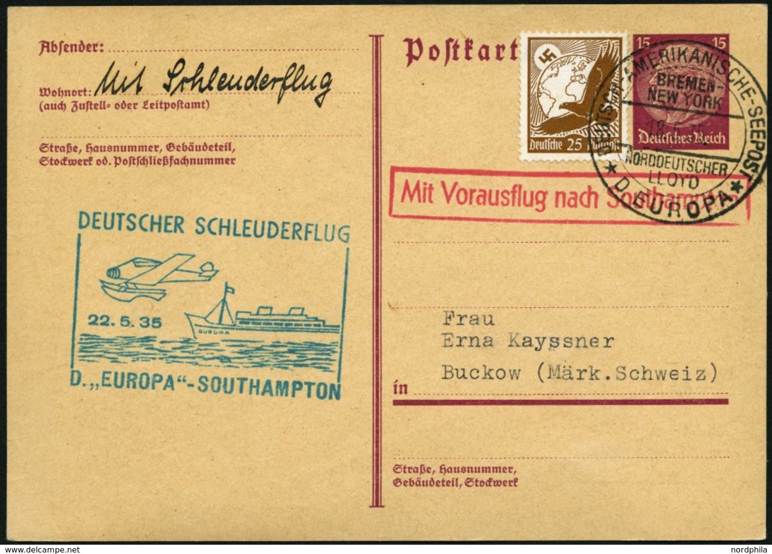 KATAPULTPOST 188c BRIEF, 22.5.1935, &quot,Europa&quot, - Southampton, Deutsche Seepostaufgabe, Auf 5 Pf. Hindenburg - Ga - Covers & Documents