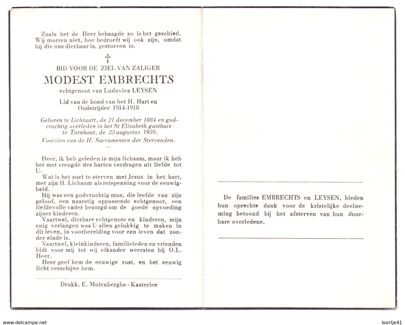 Devotie Doodsprentje Overlijden - Oudstrijder Modest Embrechts - Lichtaart 1884 - Turnhout 1959 - Décès