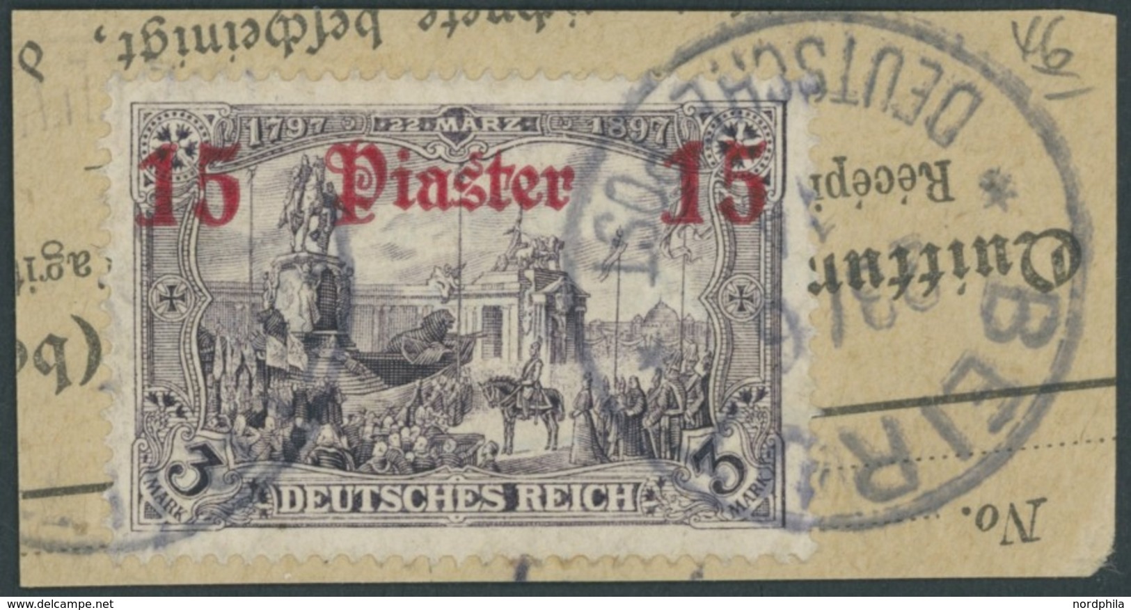 DP TÜRKEI 46a BrfStk, 1912, 15 Pia. Auf 3 M. Schwarzviolett, Mit Wz., Stempel BEIRUT Auf Postabschnitt, Pracht, Gepr. W. - Deutsche Post In Der Türkei