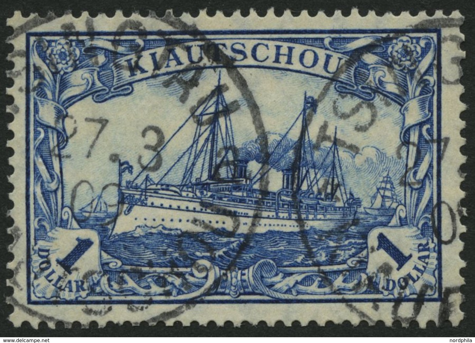 KIAUTSCHOU 35IA PFI O, 1906, 1 $ Schwärzlichblau, Mit Wz., Friedensdruck, Mit Plattenfehler Wertziffer 1 Kreuzweise Schr - Kiauchau