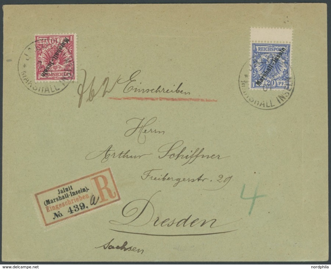 MARSHALL-INSELN 9,10 BRIEF, 1901, 10 Pf. Rot Und 20 Pf. Violettultramarin (oben Mit Zwischensteg) Auf Einschreibbrief (E - Marshall Islands