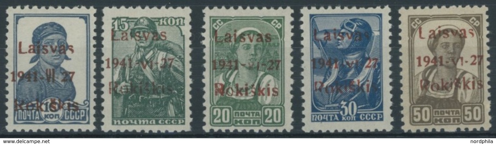 RAKISCHKI 2-6b *, 1941, 10 - 50 K. Freinmarken, Roter Aufdruck, Falzrest, Prachtsatz (5 Werte), Gepr. Huylmans, 50 K. Mi - Ocupación 1938 – 45