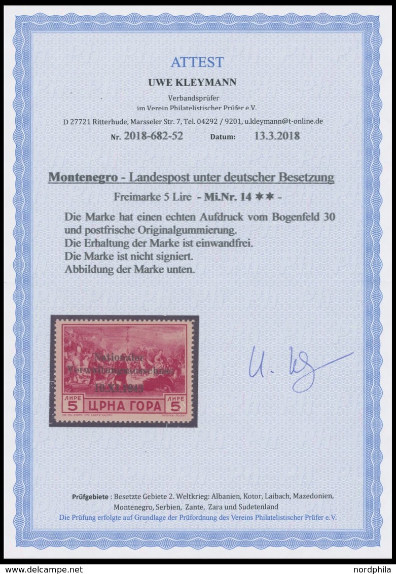 MONTENEGRO 14 **, 1943, 5 L. Nationaler Verwaltungsausschuss, Postfrisch, Pracht, Fotoattest Kleymann, Mi. (650.-) - Deutsche Bes.: Montenegro