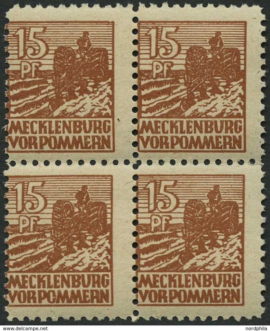 MECKLENBURG-VORPOMMERN 37ybb VB **, 1946, 15 Pf. Schwärzlichgelbbraun, Graues Papier, Im Viererblock, Pracht, Gepr. Kram - Other & Unclassified
