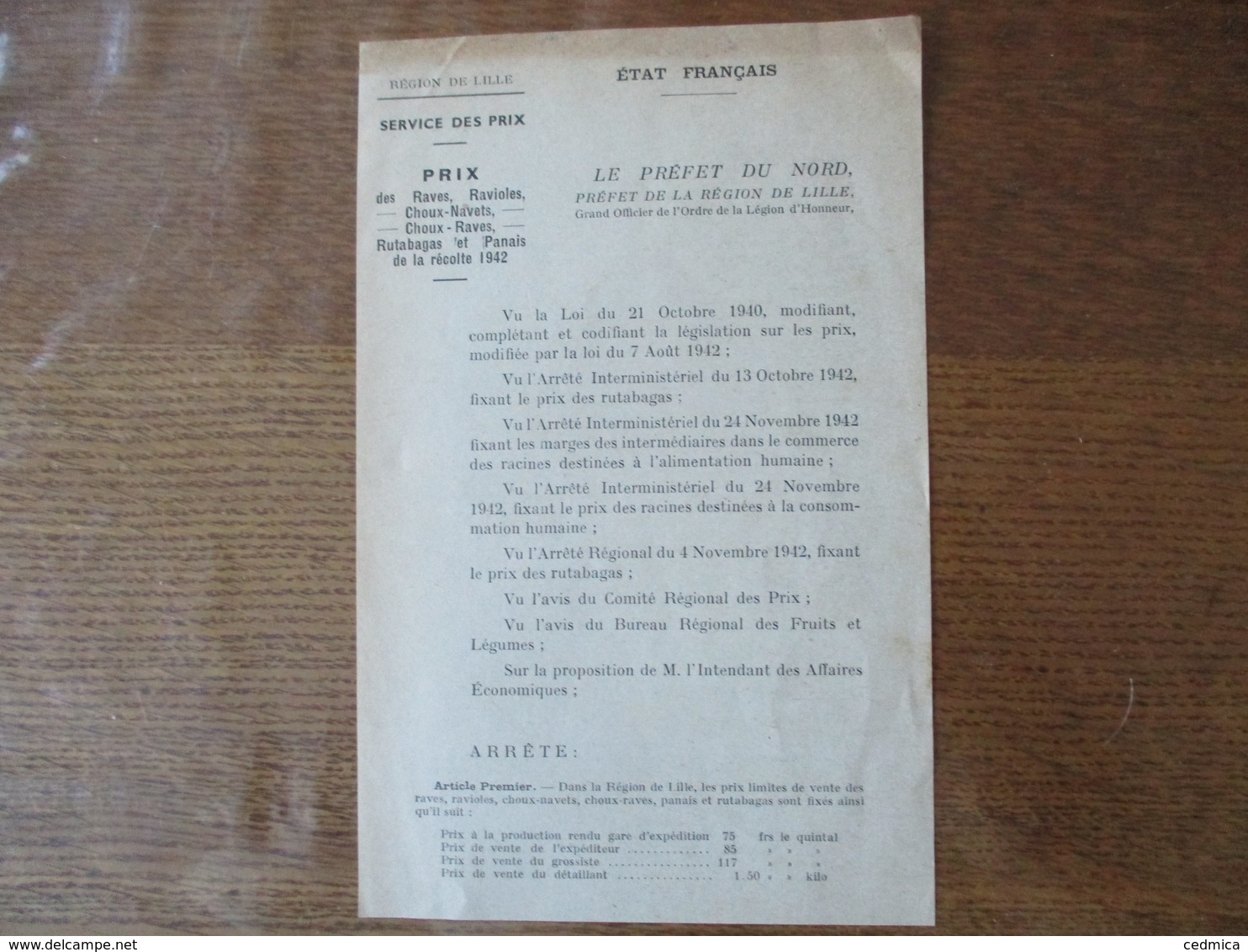 ETAT FRANCAIS LE 21 DECEMBRE 1942 REGION DE LILLE SERVICE DES PRIX, PRIX DES RAVES RAVIOLES CHOUX-NAVETS CHOUX-RAVES RUT - Documents Historiques