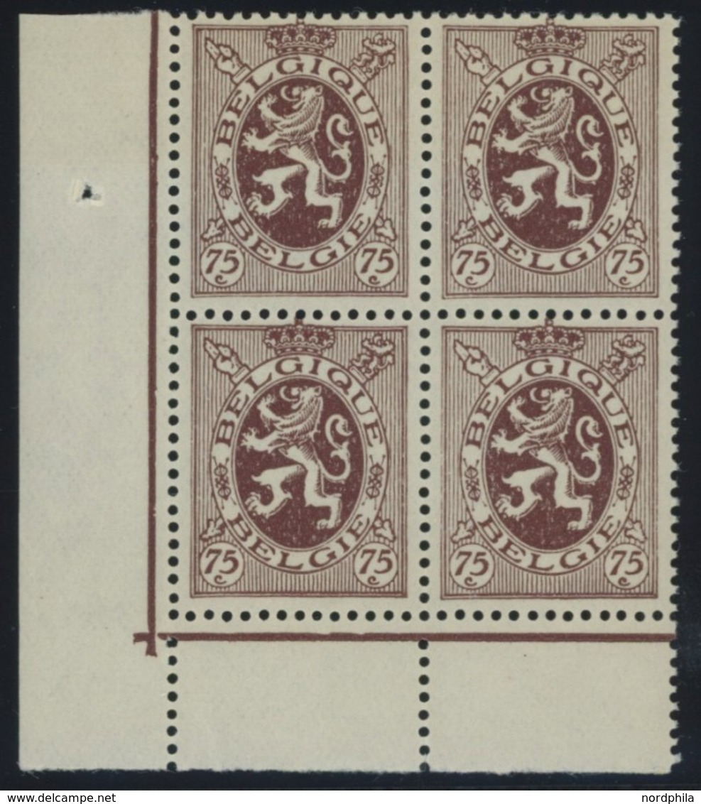 BELGIEN 324 VB **, 1932, 75 C. Rotbraun Im Unteren Linken Eckrandviererblock, Postfrisch, Pracht, Mi. 160.- - Other & Unclassified