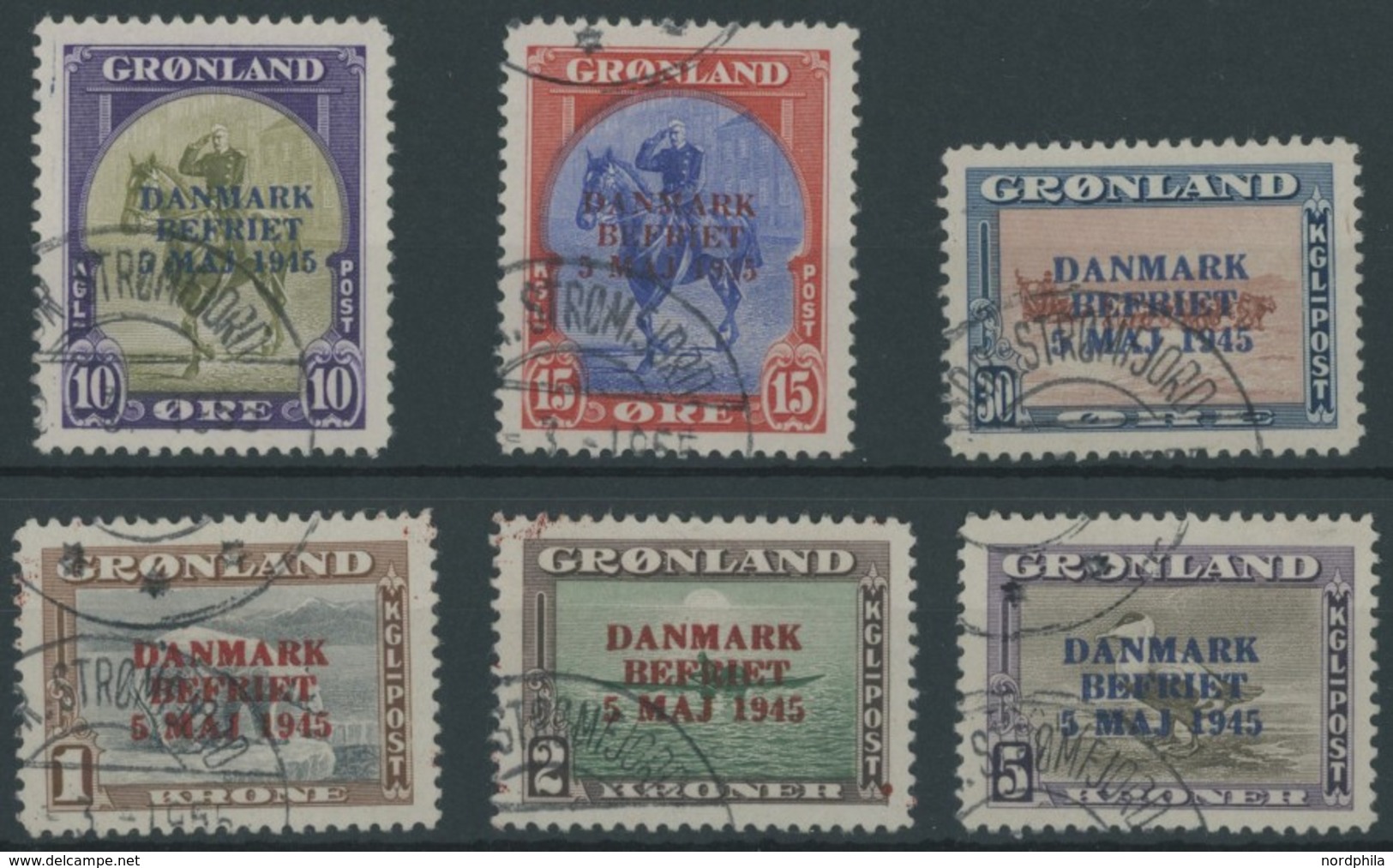 GRÖNLAND - DÄNISCHE POST 20-25 O, 1945, 10 Ø - 5 Kr. DANMARK BEFRIET, 6 Prachtwerte, Mi. 480.- - Sonstige & Ohne Zuordnung