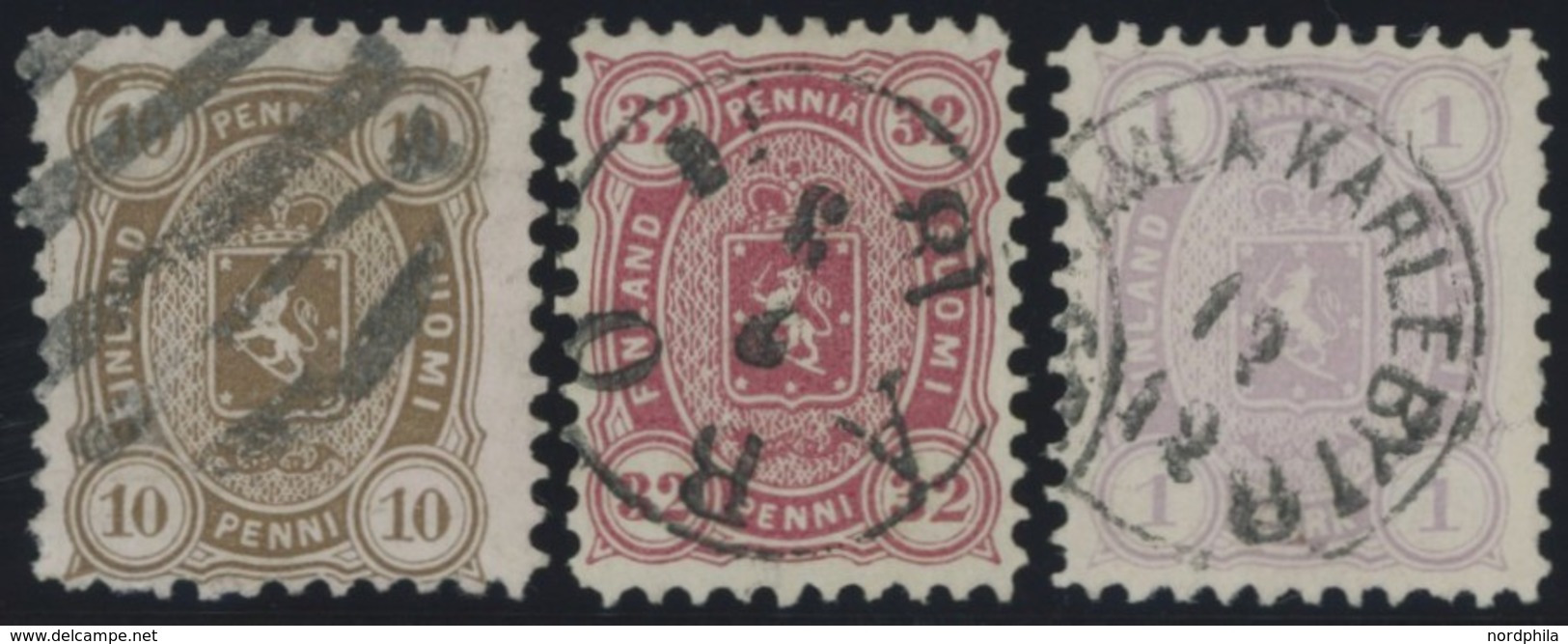 FINNLAND 15,18/9A O, 1875-81, 10 P., 32 P. Und 1 M. Wappen, Gezähnt L 11, üblich Gezähnt Pracht, Mi.Nr. 19 Gepr. Pfennin - Sonstige & Ohne Zuordnung