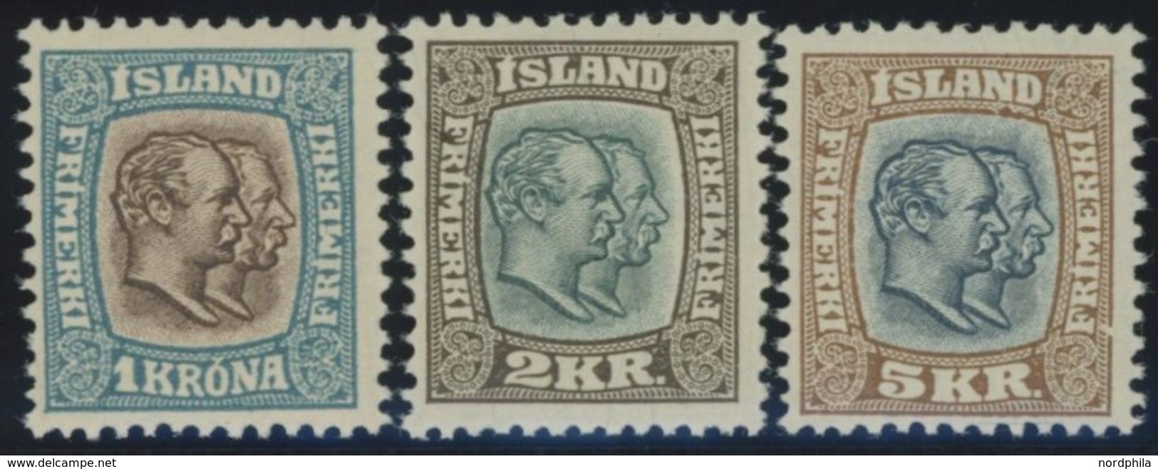 ISLAND 60-62 *, 1907 1 - 5 Kr. Doppelportrait, Falzrest, 3 Prachtwerte,Mi. 222.- - Autres & Non Classés