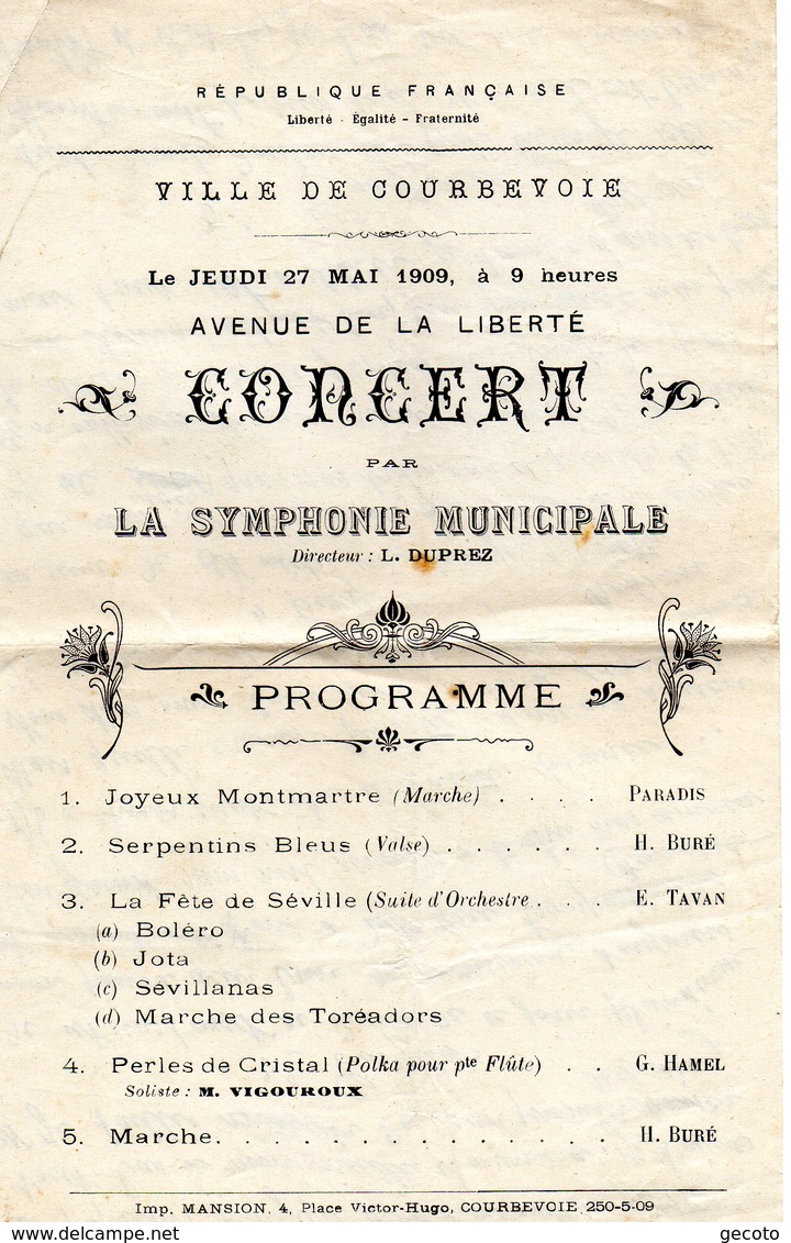 Courbevoie - Concert En 1909, Avenue De La Liberté - Programme