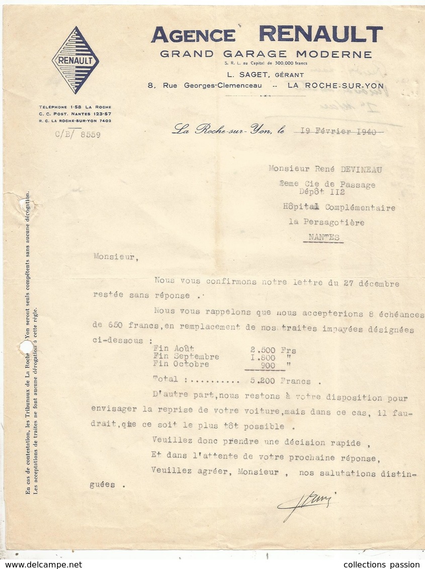 Facture ,automobile ,agence RENAULT , Grand Garage Moderne ,LA ROCHE SUR YON ,Vendée ,1940 - Automobil