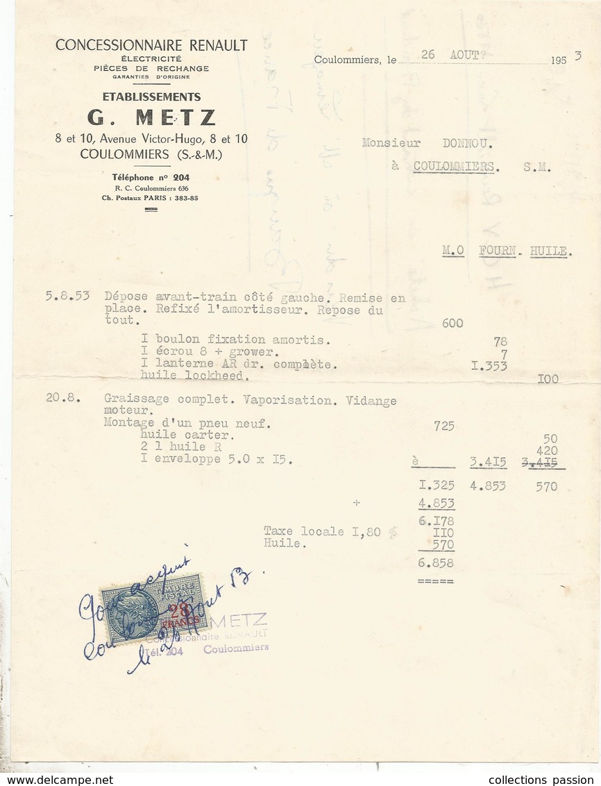 Facture ,automobile ,concessionnaire RENAULT ,ets G. Metz , COULOMMIERS ,Seine & Marne,1953 - Automobile