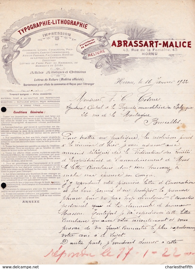 FACTURE DE 1922 - IMPRIMERIE * ABRASSART MALISSE - HORNU * TYPOGRAPHIE LITHOGRAPHIE - Printing House - Drukkerij - Art - Imprimerie & Papeterie