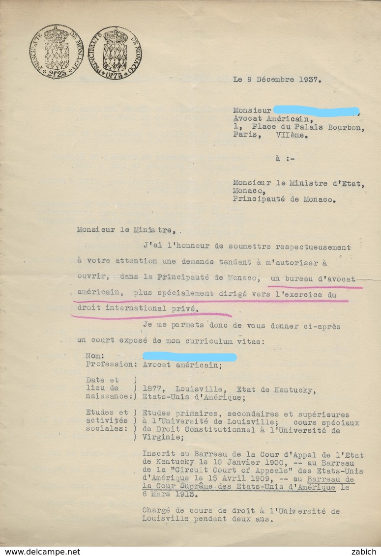 FISCAUX DE MONACO  PAPIER  TIMBRE BLASON 2F25 ET 0,75 Du 9 Decembre 1937 Filigrane LOUIS II - Fiscale Zegels