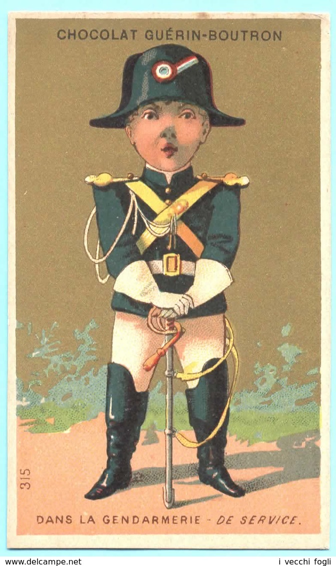 Chromo Chocolat Guérin-Boutron. Dans La Gendarmerie. De Service. Fond Doré. Imp. Courbe-Rouzet. - Guerin Boutron