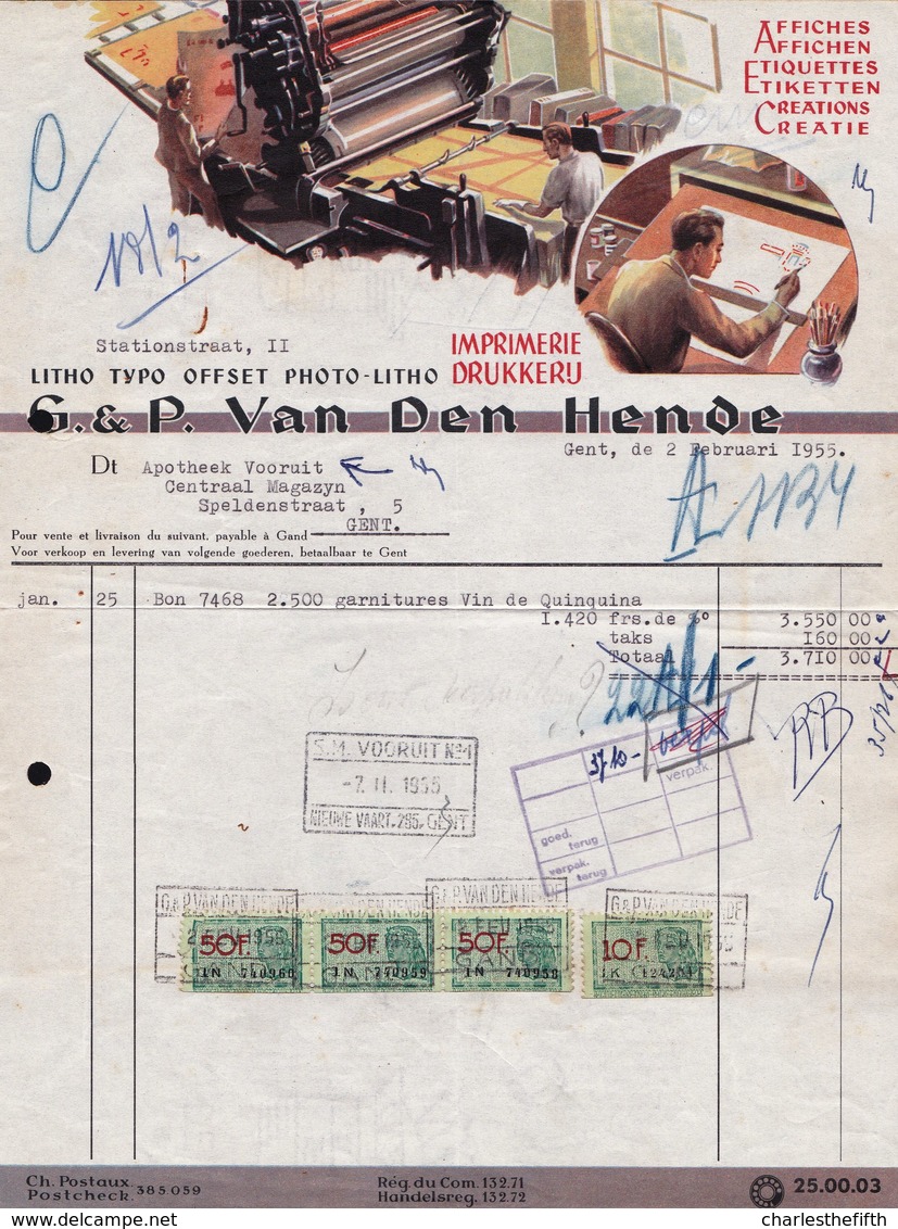 FACTURE DE 1955 - * IMPRIMERIE LITHOGRAPHIE  VAN DEN HENDE - Gent  * Affiches - étiquettes - Drukkerij & Papieren