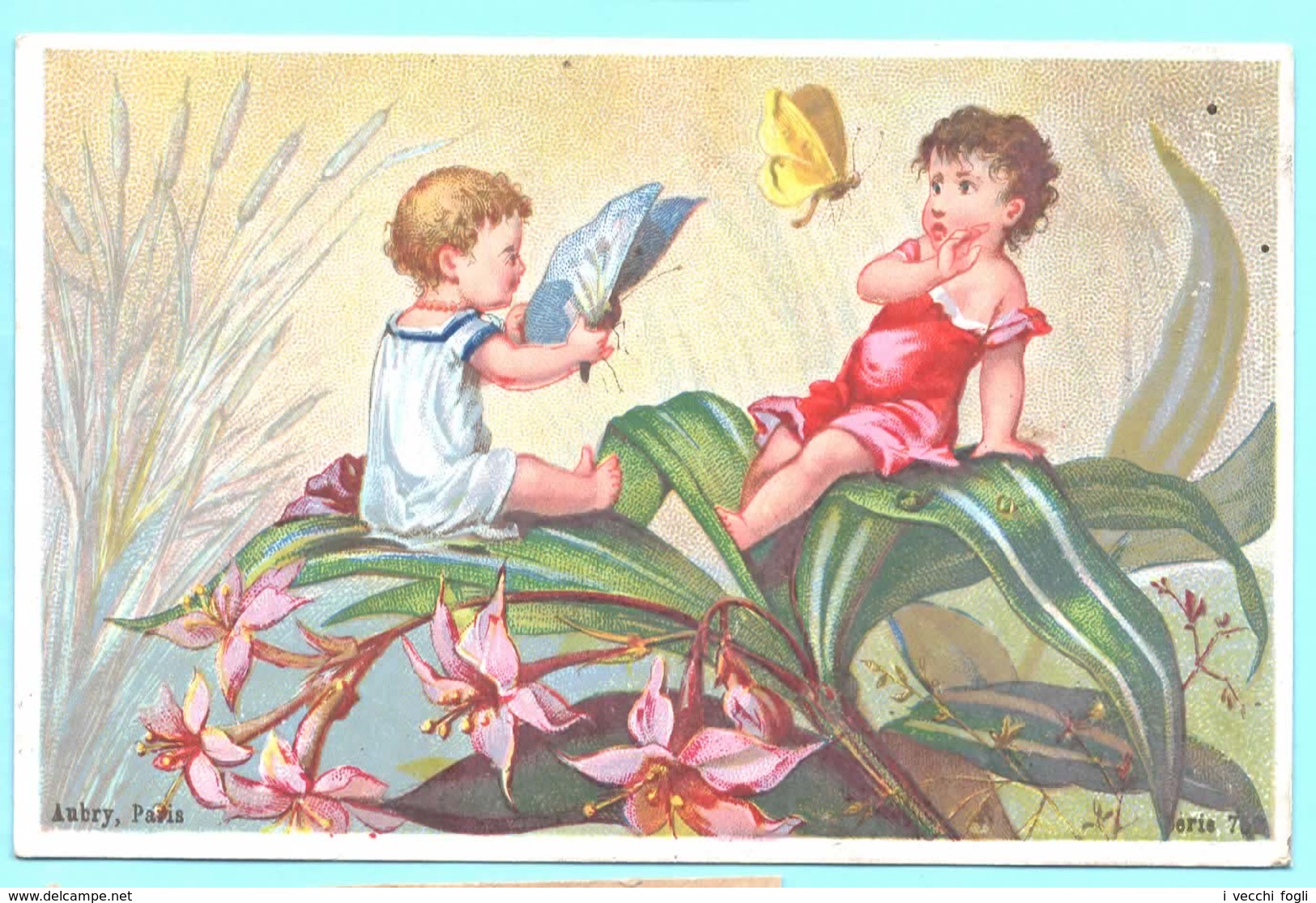 Chromo Non Publicitaire. Enfants, Papillons, Fleurs. Imp. Aubry. - Autres & Non Classés