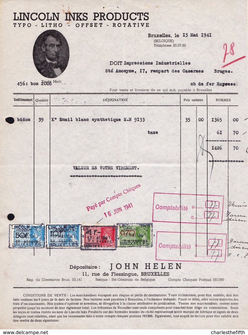 FACTURE DE 1941 - * LINCOLN INK PRODUCTS - Typo - Litho - Offset --- BRUXELLES IMPRIMERIE - Imprimerie & Papeterie