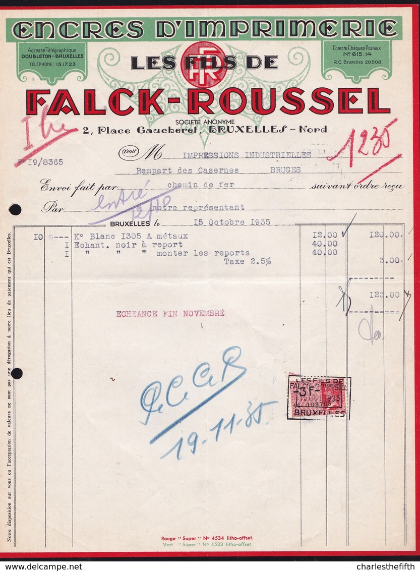 FACTURE DE 1935 - * ENCRES D' IMPRIMERIE - FALCK ROUSSEL BRUXELLES - ART DECO - Imprenta & Papelería