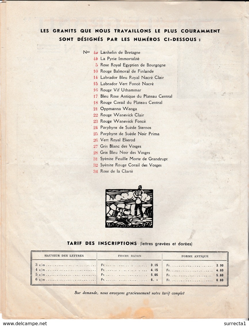 Tarif Catalogue 8 Pages / 1936 / "Le Granit"/ Usines Abainville 55 / Le Hingle 22 / Les Cerqueux 49 / St Maurice 71 - 1900 – 1949