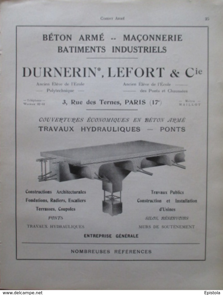 Durnerin & Lefort & Cie - Béton Armé Pour Bâtiments Industriels - Page Catalogue Technique De 1925 (Dims Env 22 X 30 Cm) - Travaux Publics