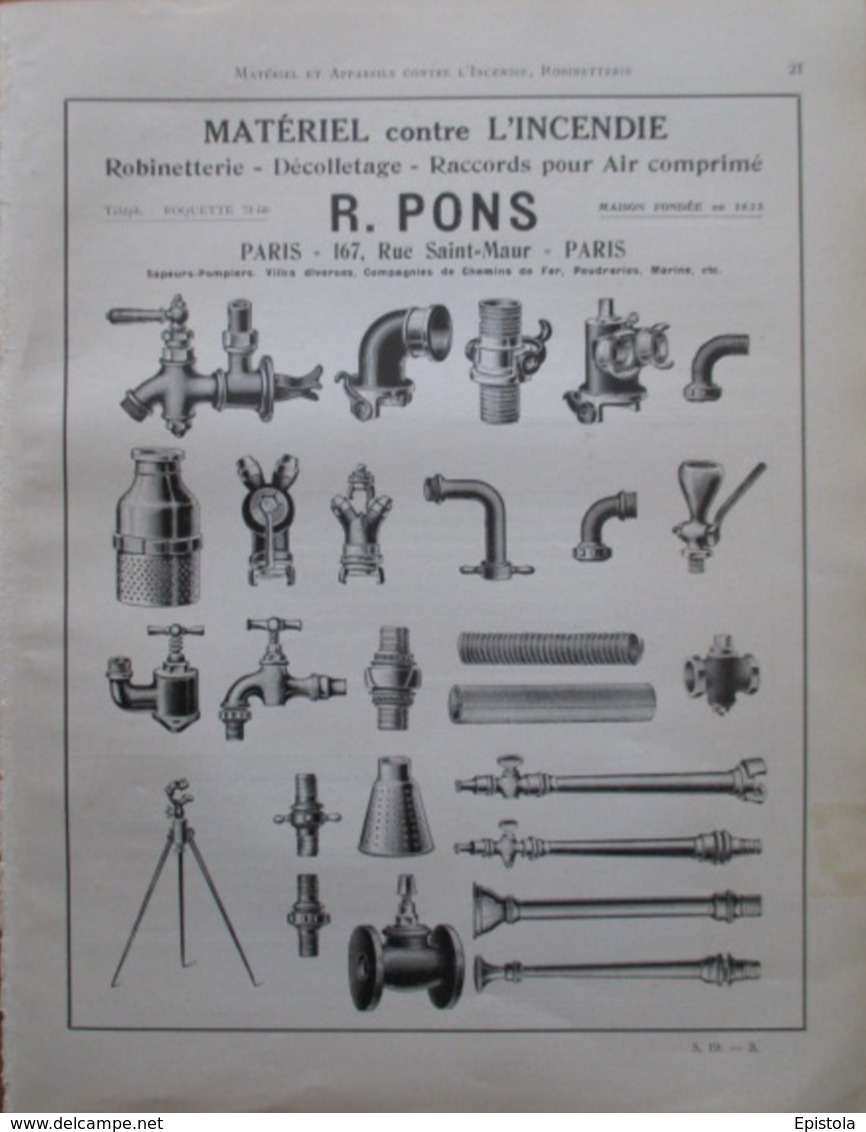 Matériel Contre L'Incendie R PONS  - Page Catalogue Technique De 1925 (Dims Env 22 X 30 Cm) - Andere Pläne