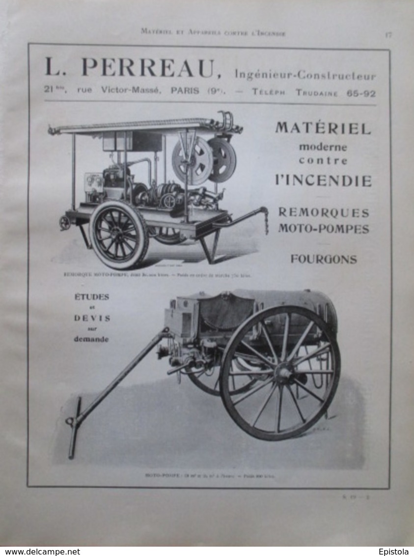 Matériel Contre L'Incendie PERREAU Remorque MOTO POMPE - Page Catalogue Technique De 1925 (Dims Env 22 X 30 Cm) - Maschinen