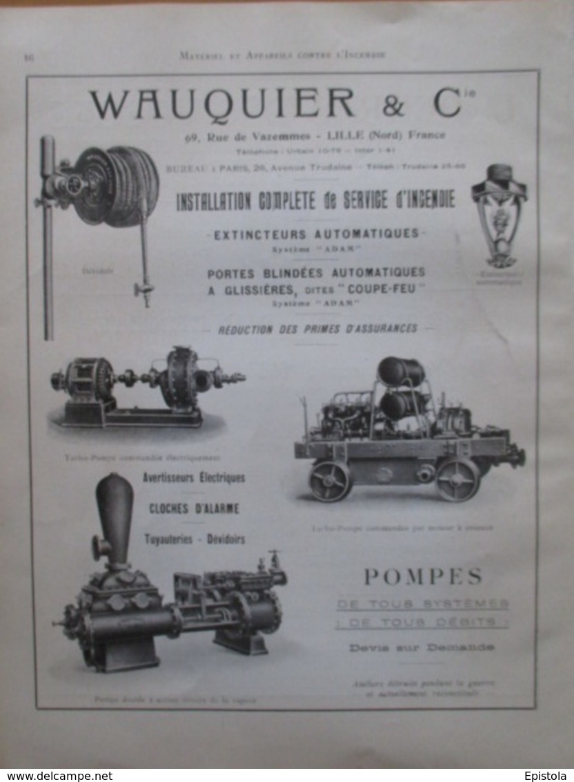 Matériel Contre L'Incendie WAUQUIER DEVIDOIR  & TURBO POMPE - Page Catalogue Technique De 1925 (Dims Env 22 X 30 Cm) - Maschinen