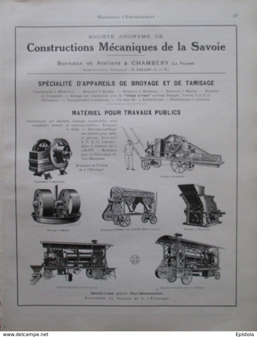 Machines Travaux Publics (Arts Et Métiers)  Usine CHAMBERY   - Page Catalogue Technique De 1925 (Dims Env 22 X 30 Cm) - Travaux Publics