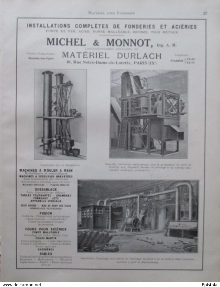 INSTALLATION Pour FONDERIE - Michel & Monot Ing Arts Et Métiers - Page Catalogue Technique De 1925 (Dims Env 22 X 30 Cm) - Machines