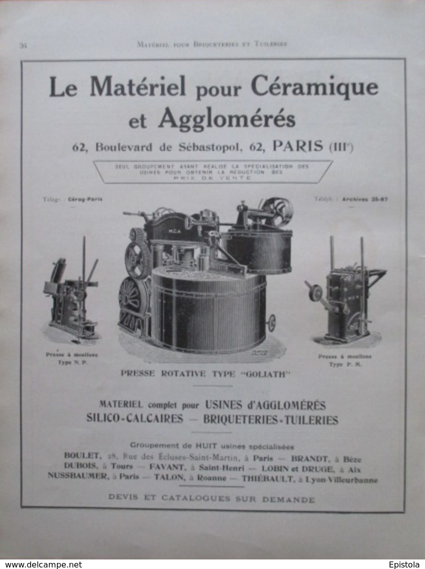 Presse BRIQUETERIE & TUILERIE  Ets Matériel Céramique & Agglo - Page Catalogue Technique De 1925 (Dims Env 22 X 30 Cm) - Machines