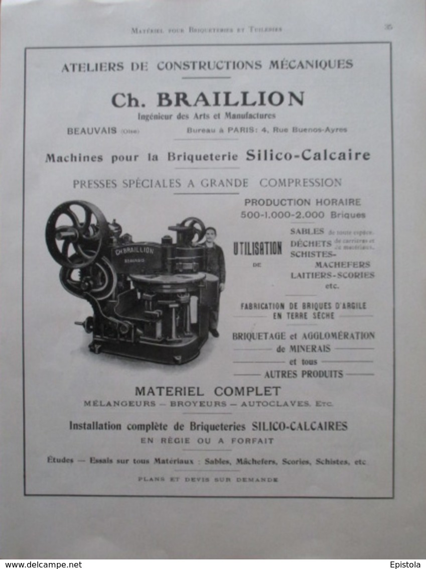 Presse BRIQUETERIE & TUILERIE  Ets CH BRAILLON à Beauvais (OIse)- Page Catalogue Technique De 1925 (Dims Env 22 X 30 Cm) - Machines